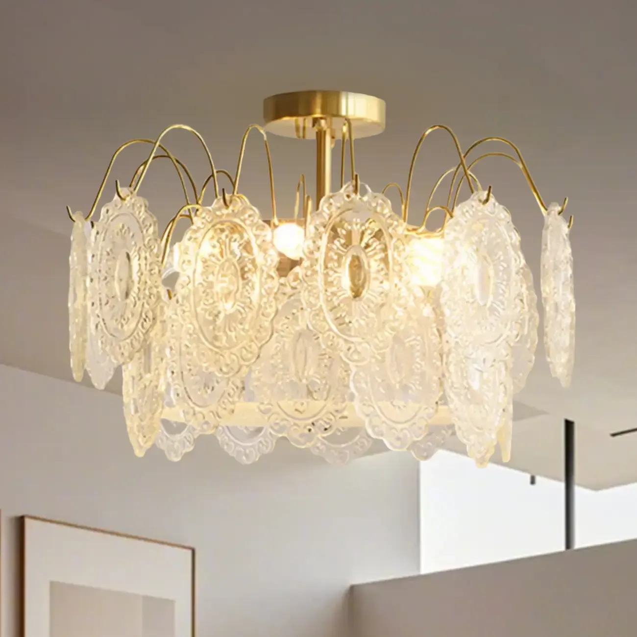 Elegant Round Gold Clear Glass Semi Flush Ceiling Light