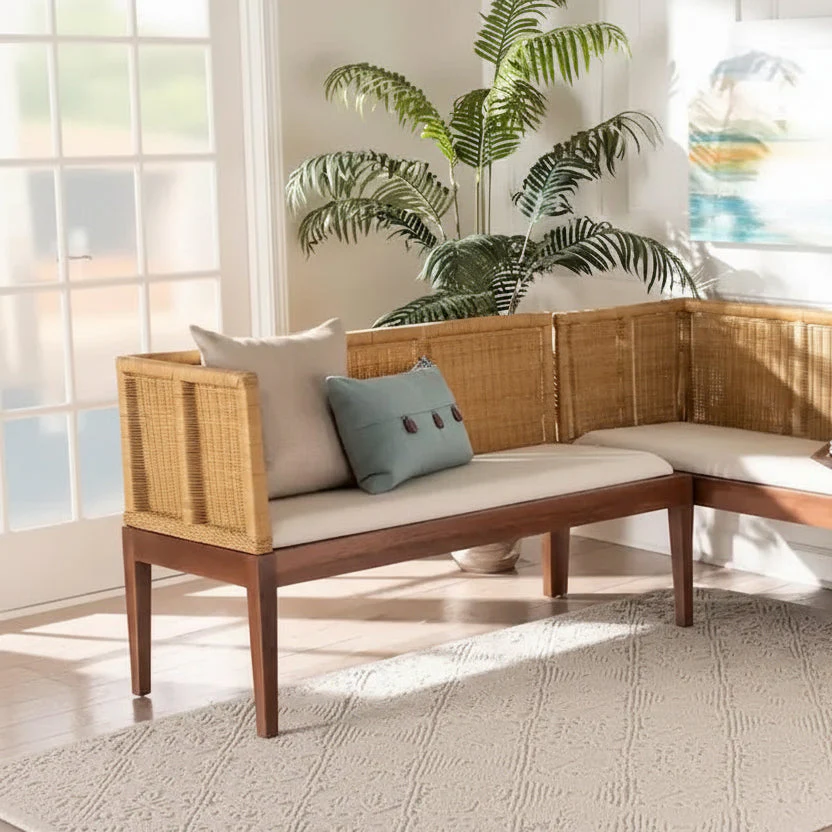 Tabanan Modern Bohemian Nautral Brown Rattan and Brown Acacia Wood 2-Piece Dining Nook Banquette Set