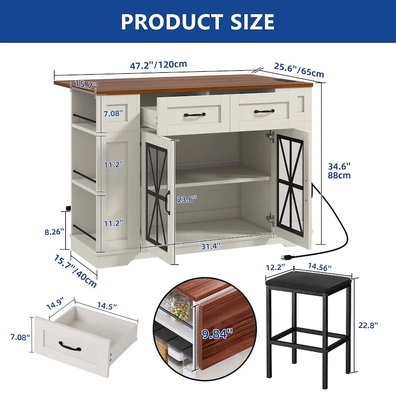 Moasis 47 Kitchen Island With Drop Leaf & 2 Bar Stools