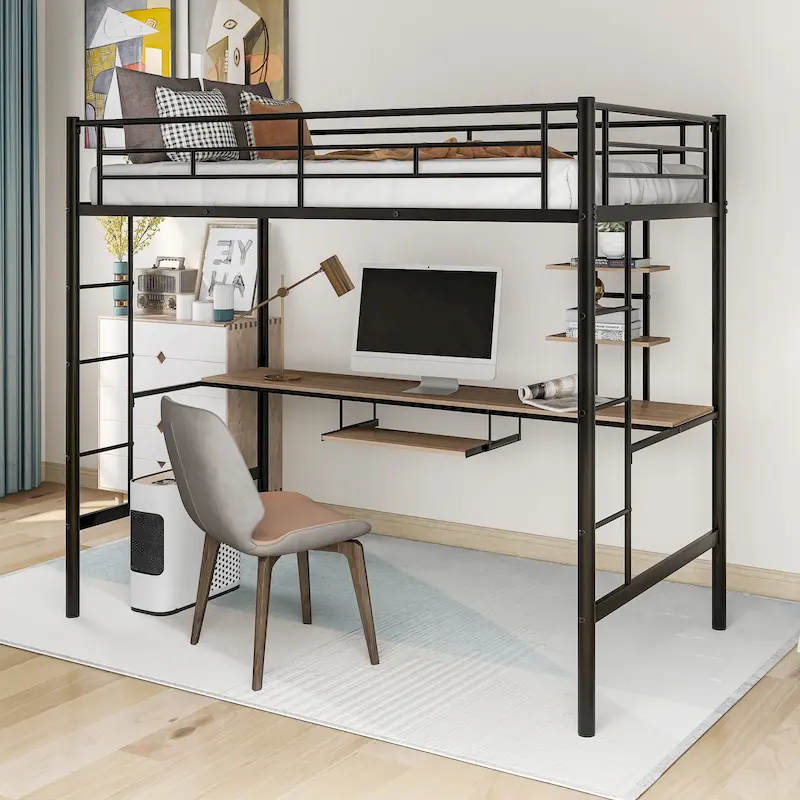 Black Twin Size Metal Loft Bed with Desk, Shelf & Dual Ladder | Space-Saving