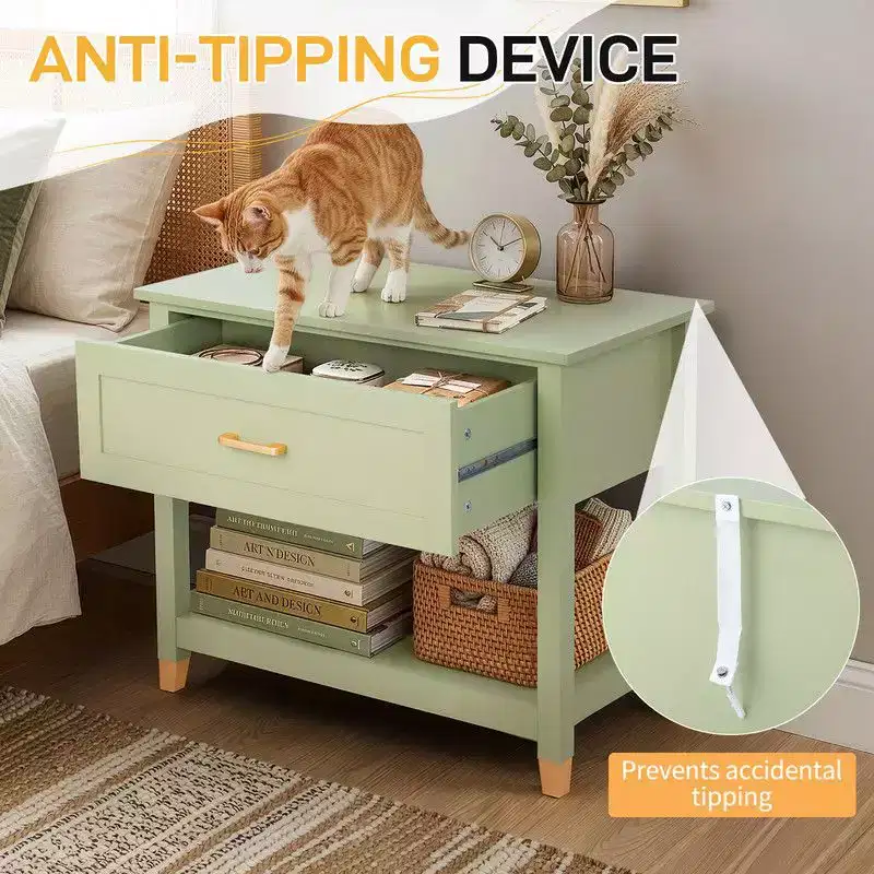Karl Home Light Green P2 MDF Nightstand 1 Drawer 1 Shelf 29.5 Inch