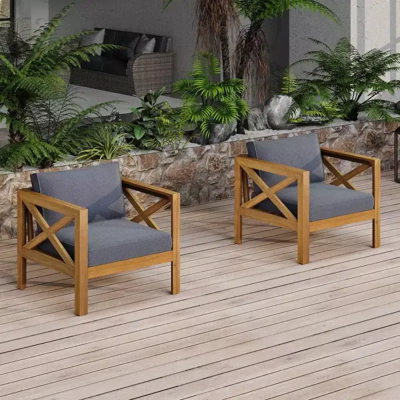 TUYOHW Acacia Wood Club Chairs Set of 2,Teak Finish Outdoor Accent Chair with Water-Resistant Cushions,400lb Capacity