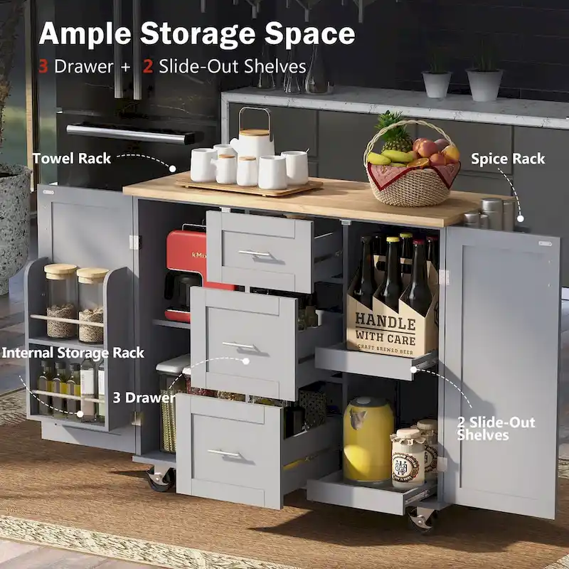 Kitchen Cart with Rubber Wood Top