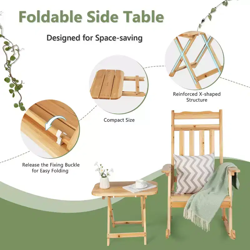 Costway 2PCSPatio Wooden Rocking Chair Bistro Set High Backrest with Folding Side Table