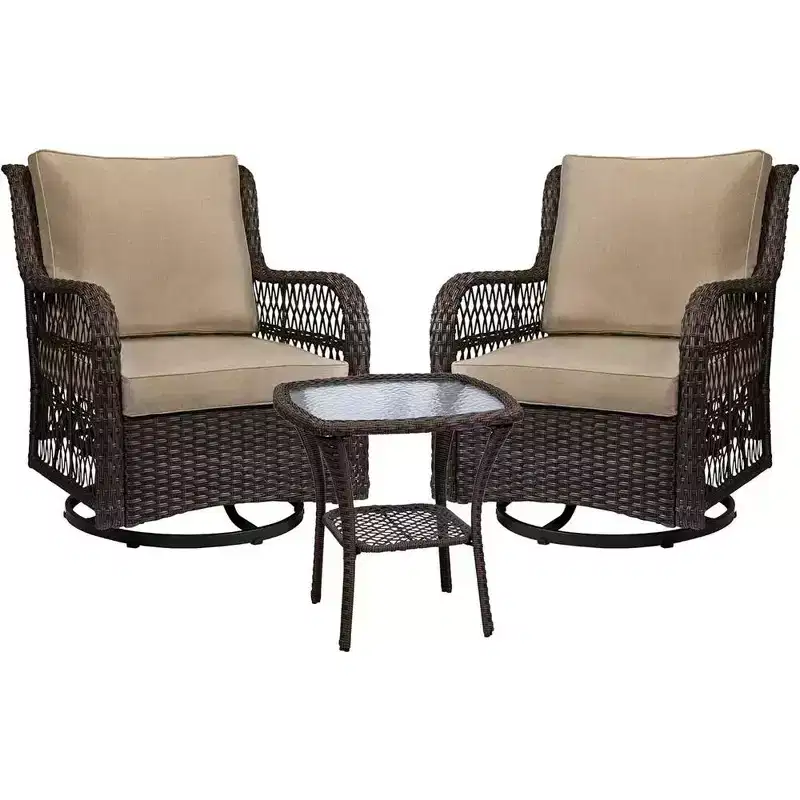 WhizMax 3 Pieces Outdoor Wicker Swivel Rocker Patio Set, 360 Swivel Rocking Chairs Wicker Patio Set with Cushions and Armored Glass Top Side Table