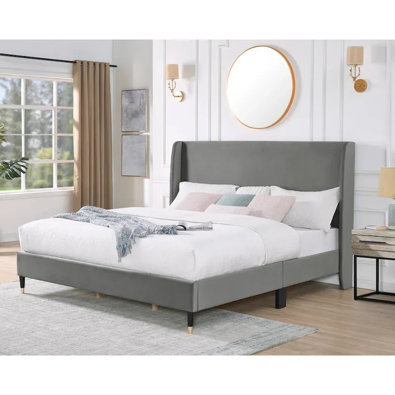 Gray King Size Modern Style Platform Bed with Wingback Design Velvet Headboard for Bedroom