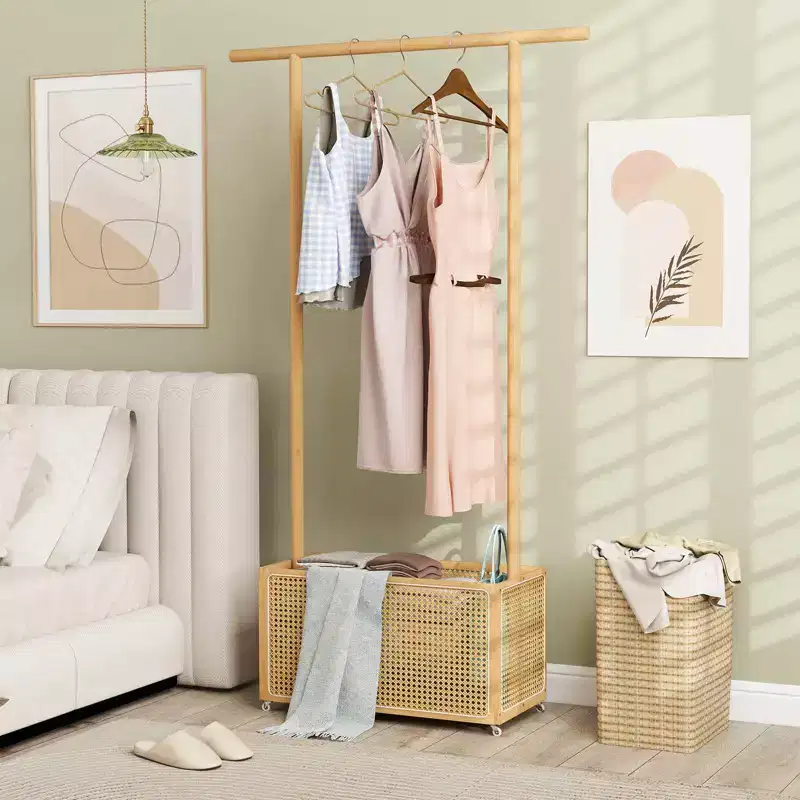 Costway Bamboo Clothes Rack with Rattan Storage Basket & Wheels, Rolling Garment Rack Brown/Beige