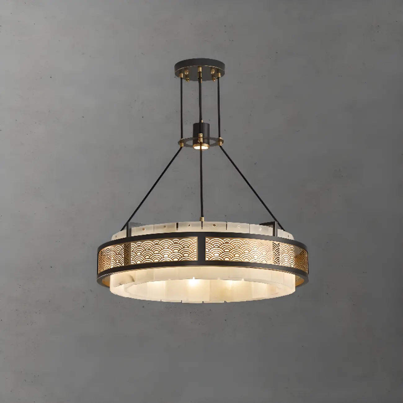 Black Metal Circle Stone Shade Modern Pendant Chandelier