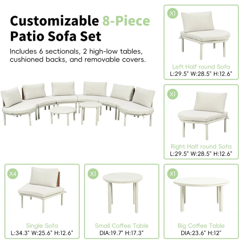 Elegant 8-Piece Modular Half Moon Patio Sofa Set with High-Low Coffee Tables