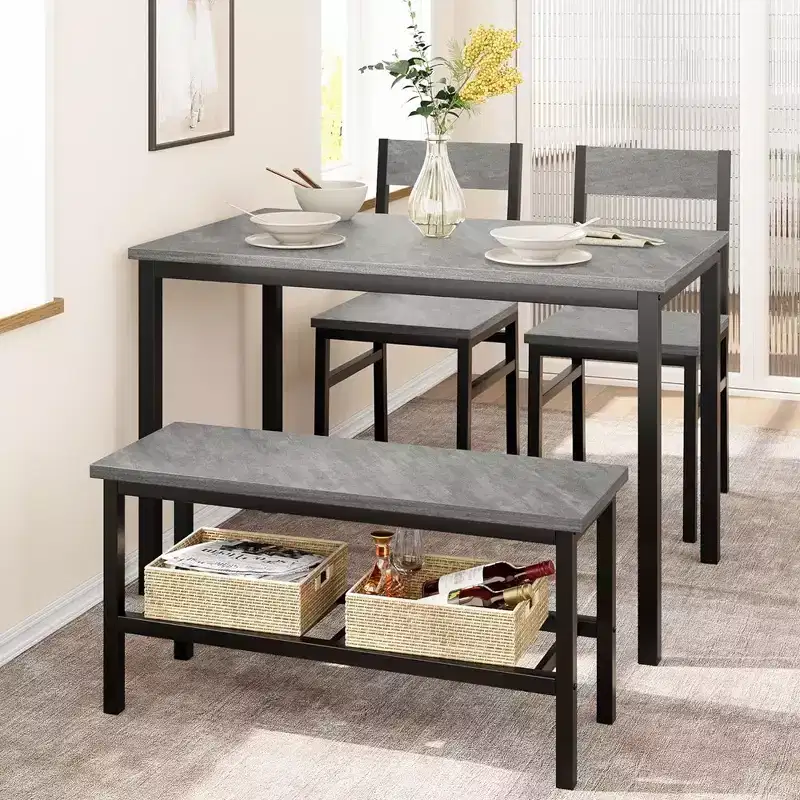 Garvee Table Set for 4, Kitchen Table with 2 Chairs and a Bench, 4-Person Dining Room Table Set for Apartment, Kitchen, Small Space, Gray