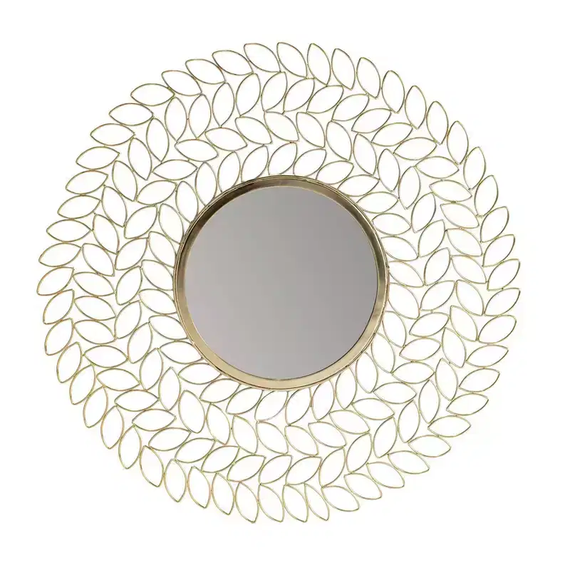 Brewster Damon Leaf Wall Mirror Gold : 28" Round, Modern Style, Metal Frame, No Assembly Required