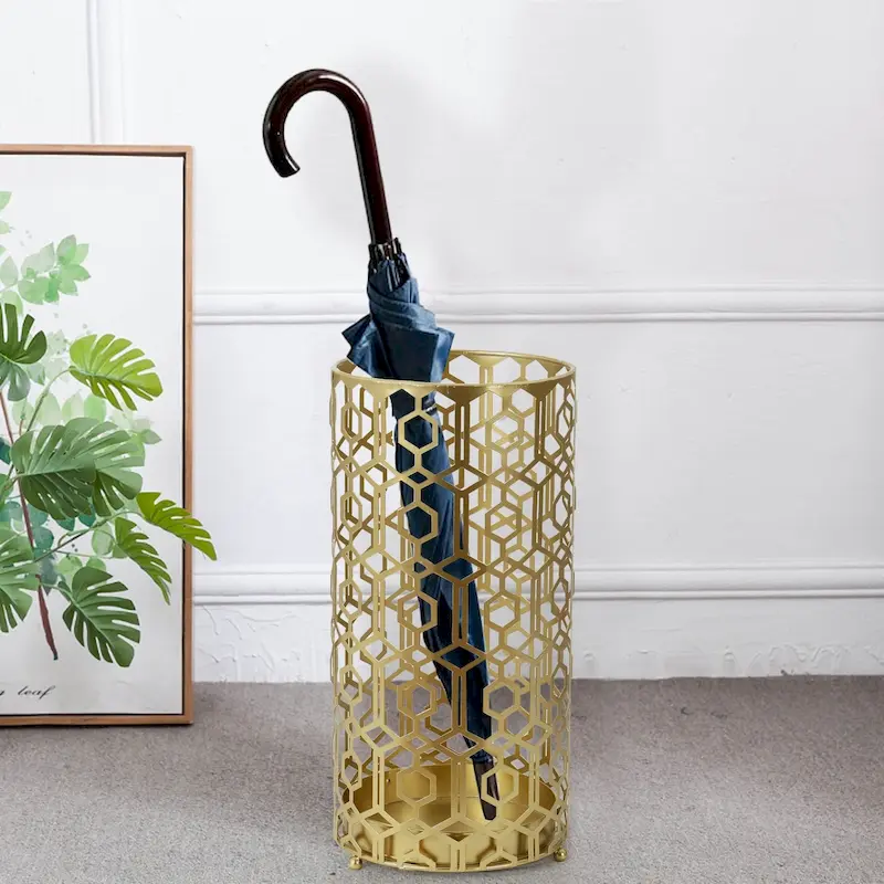 Metal Umbrella Stand with Removable Drip Tray & Open Weave Design – Gold / Black, Single