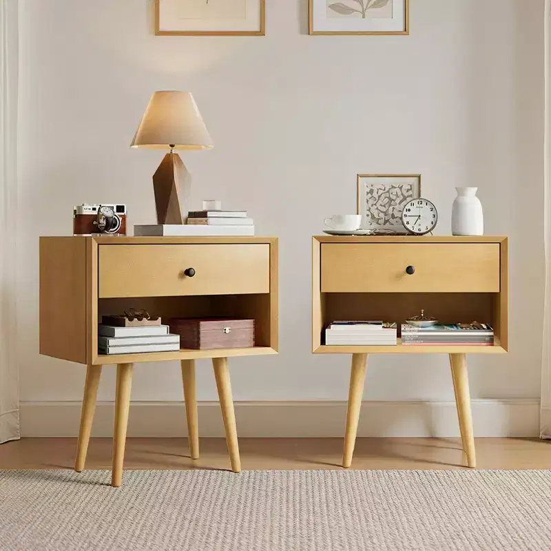 AMERLIFE Solid Wood End Table Set of 2 with Drawer & Open Cubby, Mid-Century Modern Nightstands for Bedroom & Living Room, Fully Assembled