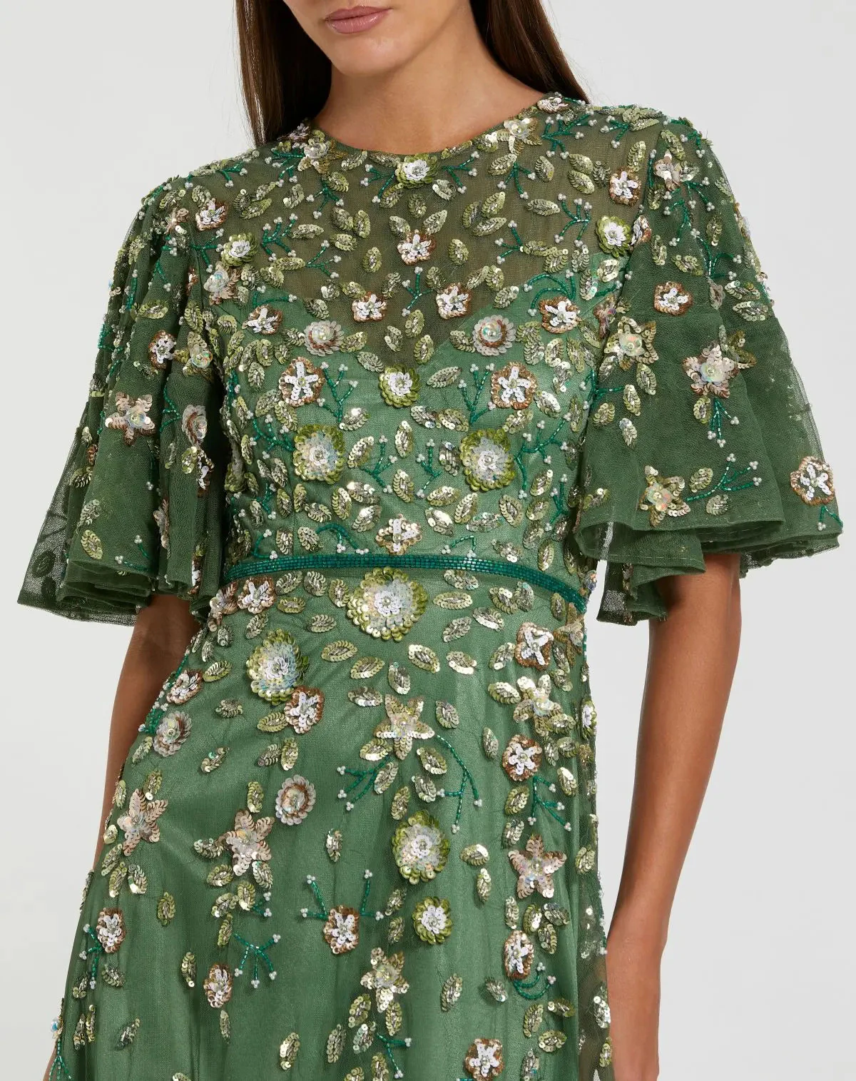 Green Floral Embellished Flutter Sleeve Midi Dress