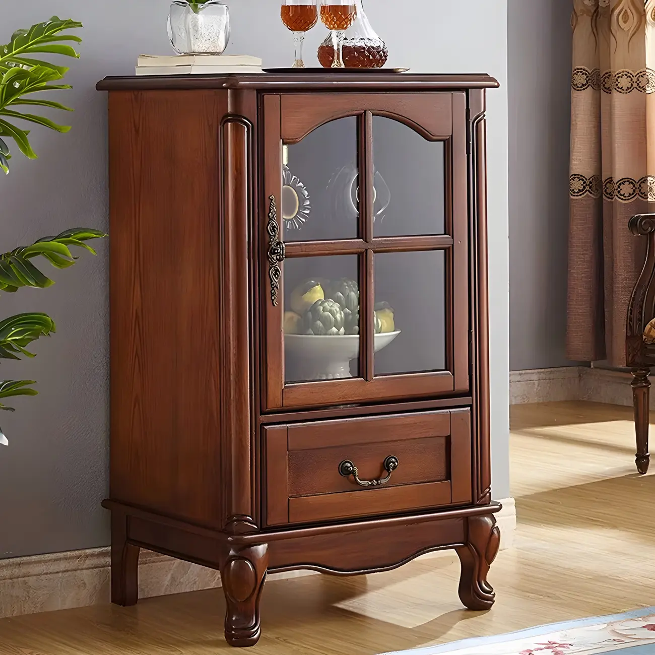 Traditional Wooden Brown Display Cabinet with Glass Doors