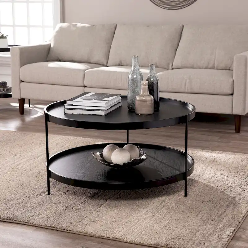 SEI Furniture Vaquero Mid Century Modern Round Wood Grain Two Tier Coffee Table