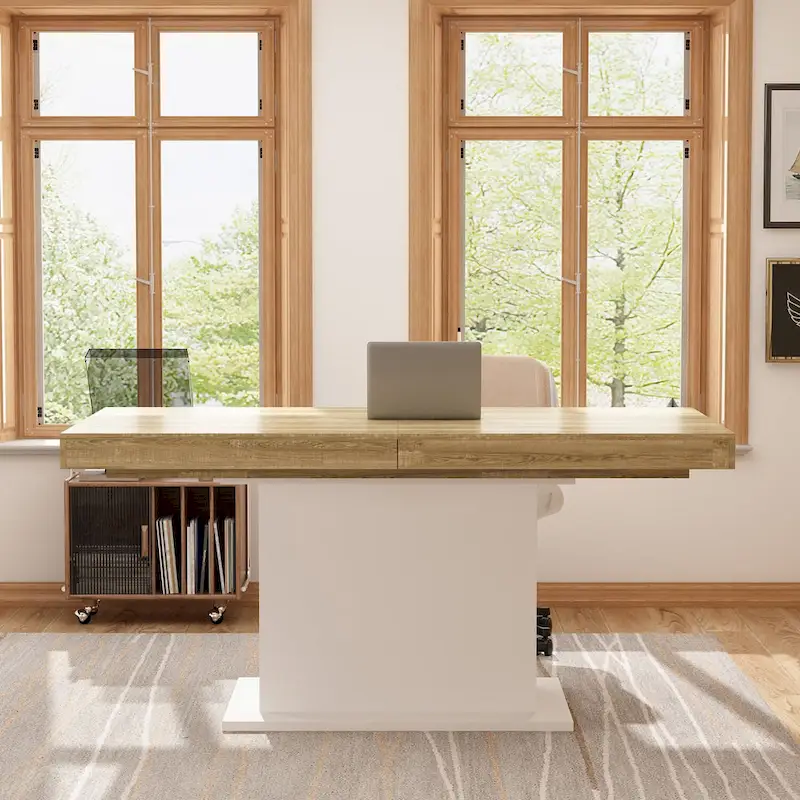 Extendable Dining Room Table Wood Finish Top Computer(Black/White)