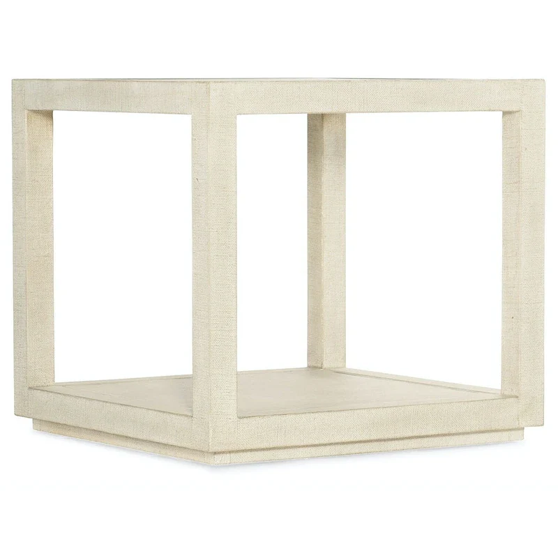 Taupe Lacquered Burlap & Oak Veneer Square End Table with Champagne Metal Inlay – Single