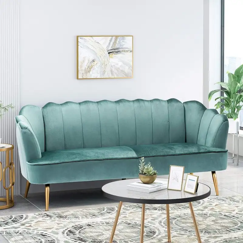 Velvet Channel Stitched 3-Seater Sofa with Gold Metal Legs