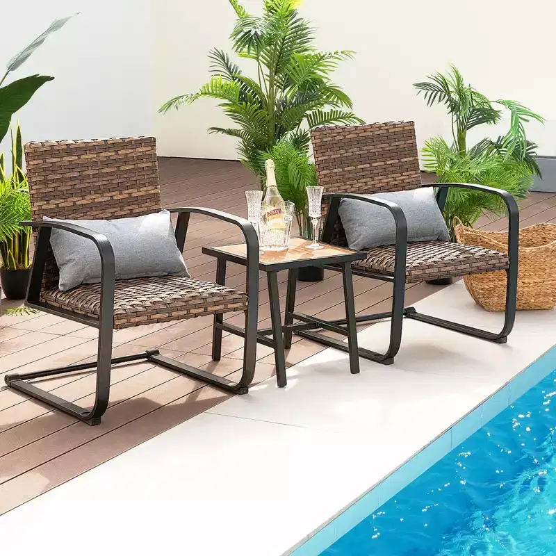 Costway 3 PCS Patio Rattan Furniture Bistro Set C-Spring Chair Padded Seat & Back Pillow Quick Dry