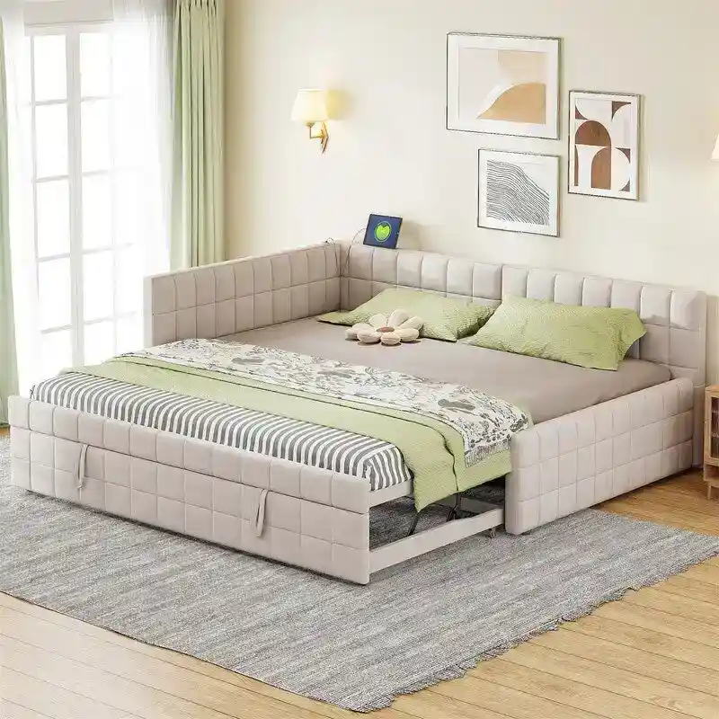 Full Size Upholstered Daybed with Pop-Up Twin Trundle and USB Ports