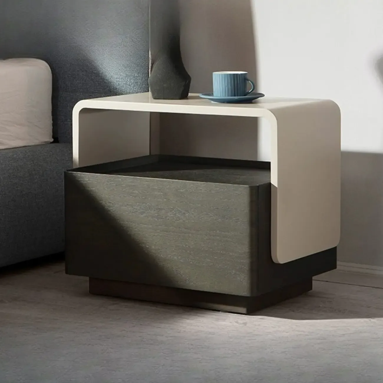 Rectangular Black Wood Open Drawer Storage Nightstand