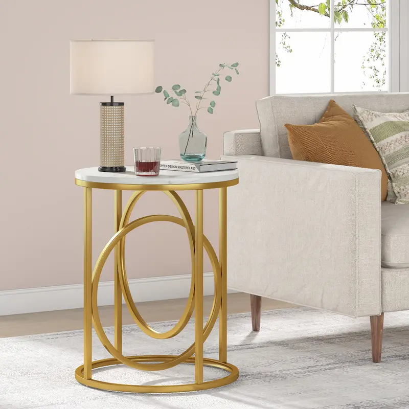 White Marble Round End Table with Gold O-Shaped Base - 20 inch