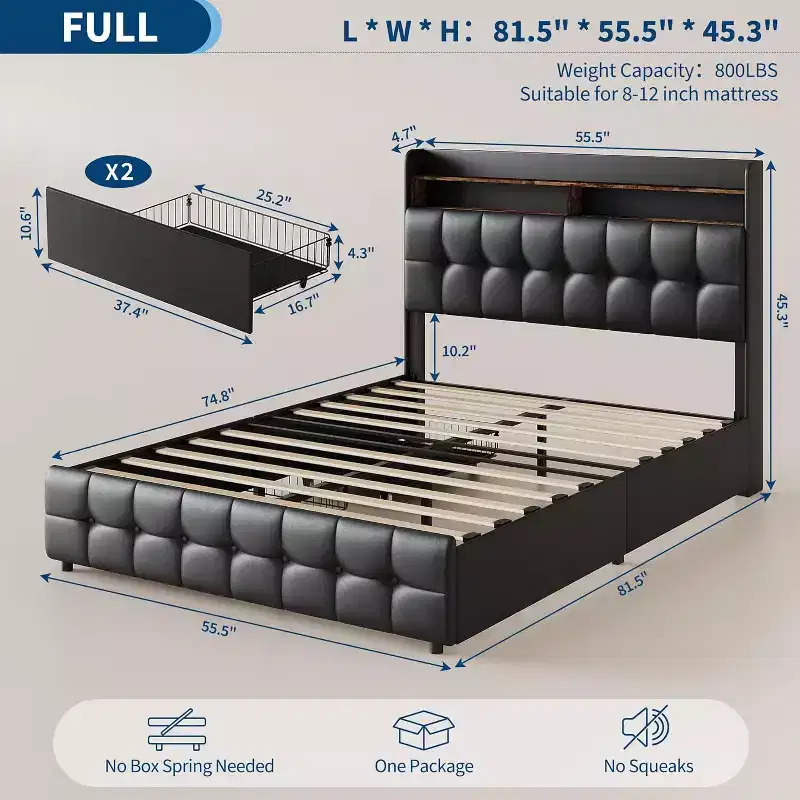 GuatoWave Upholstered Bed Frame with LED Light USB Port Headboard and 2 Storage Drawers