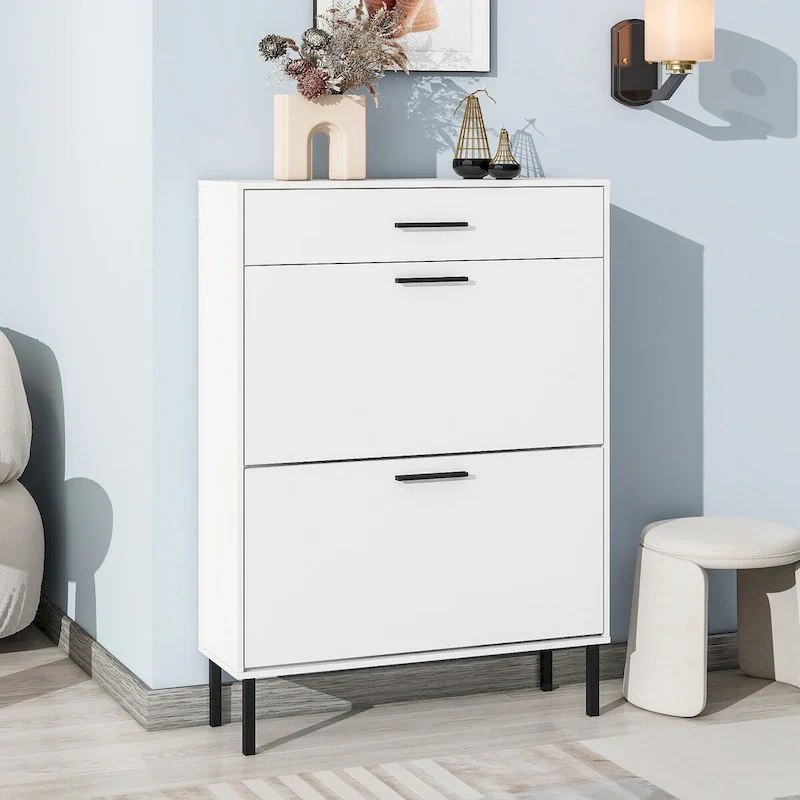 White Freestanding Shoe Cabinet with 2 Flip Drawers & Metal Legs