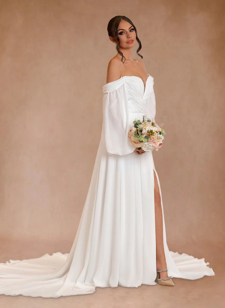 A-Line Sweetheart Long Sleeves Chiffon Sweep Train Wedding Dress
