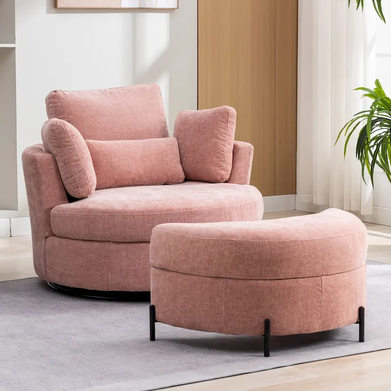 42.3W Upholstered Swivel Accent Chair with 4 Pillows and Half-Moon Storage Ottoman