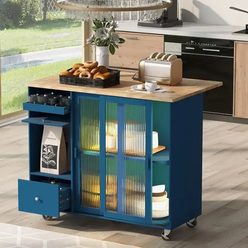 Kitchen Island Cart on Wheels with Drop Leaf,LED Light,2 Fluted Glass Doors and 1 Flip Cabinet Door