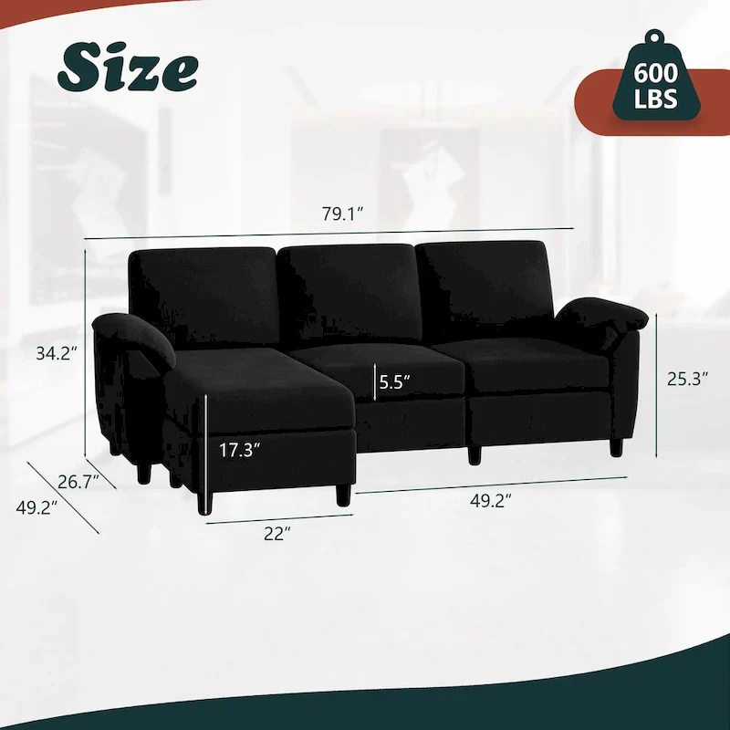 Futzca Sectional Sofa Couch, 3 Seat L Shaped Sofa with Removable Pillows