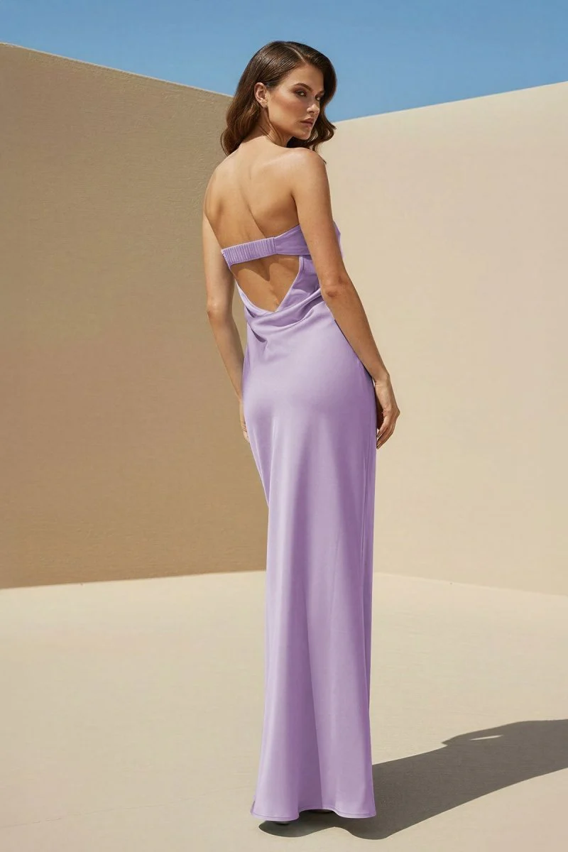 Sky Blue Strapless Sheath Satin Pleated Open Back Long Prom Dresses