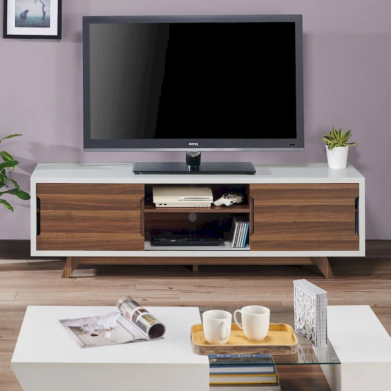 White and Walnut Mid-Century Modern TV Stand - 62 inch Wide with 6 Shelves