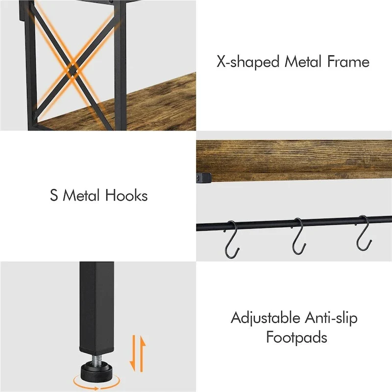 Rustic Brown / Grey Industrial 4-Tier Kitchen Baker's Rack with Hooks