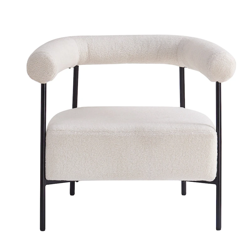 Modern Boucle Fabric Upholstered Accent Chair, Curved Armchair with Black Metal Frame