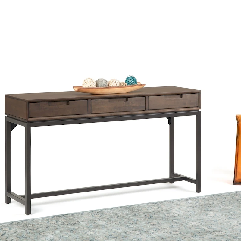 WYNDENHALL Devlin SOLID HARDWOOD and Metal 54 inch Wide Industrial Wide Console Table in Walnut Brown - 54 W x 16  D x 30  H