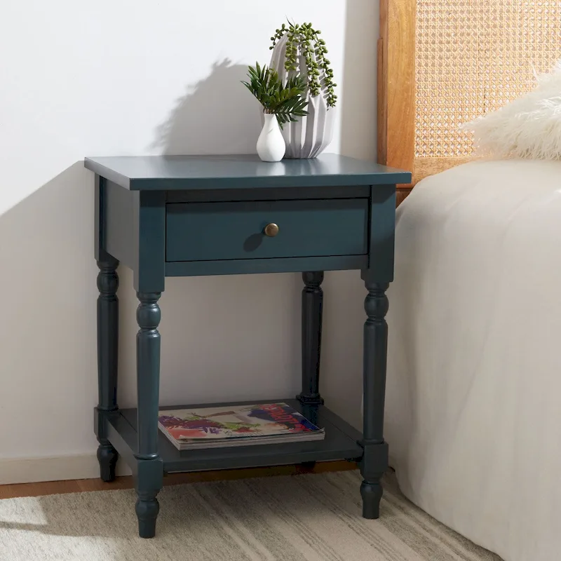 Dark Teal / Ash Grey / Off White Poplar Wood Accent End Table with Drawer and Shelf – 20 in