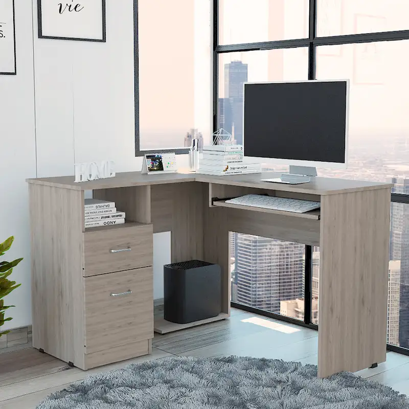 TUHOME Mix L-Shaped Desk with Open Shelving, 2 Drawers, and a Retractable Keyboard