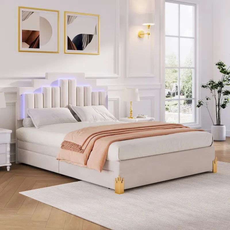 Beige Upholstered Platform Bed (with Lighting and Drawers)