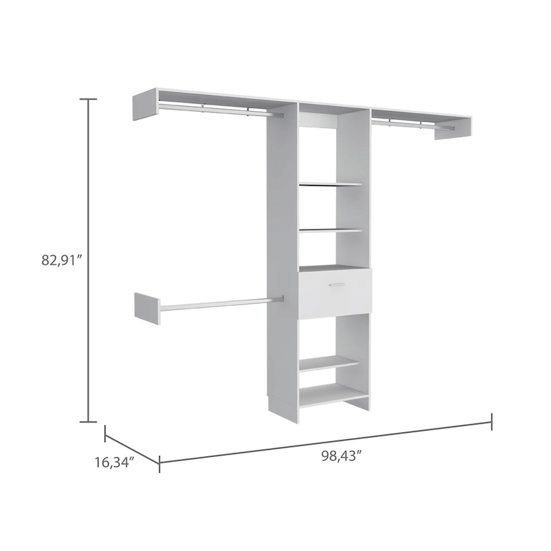 FM Furniture Cross Closet System with Drawer, 3 Metal Rods, and 5 Open Shelves