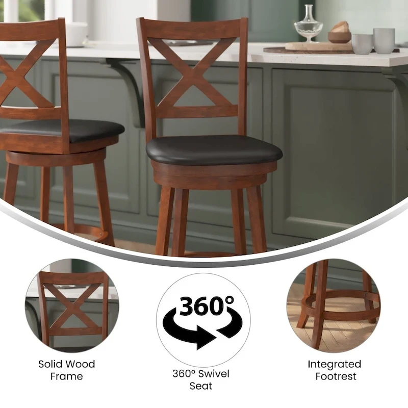 Modern Ladderback Wooden Upholstered Swivel Counter Height Stool