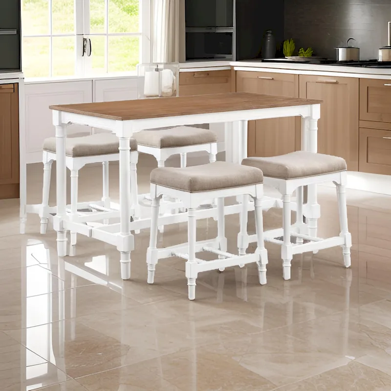 Hima 5 Piece Counter Height Table Set with 4 Stools, Beige Fabric, White