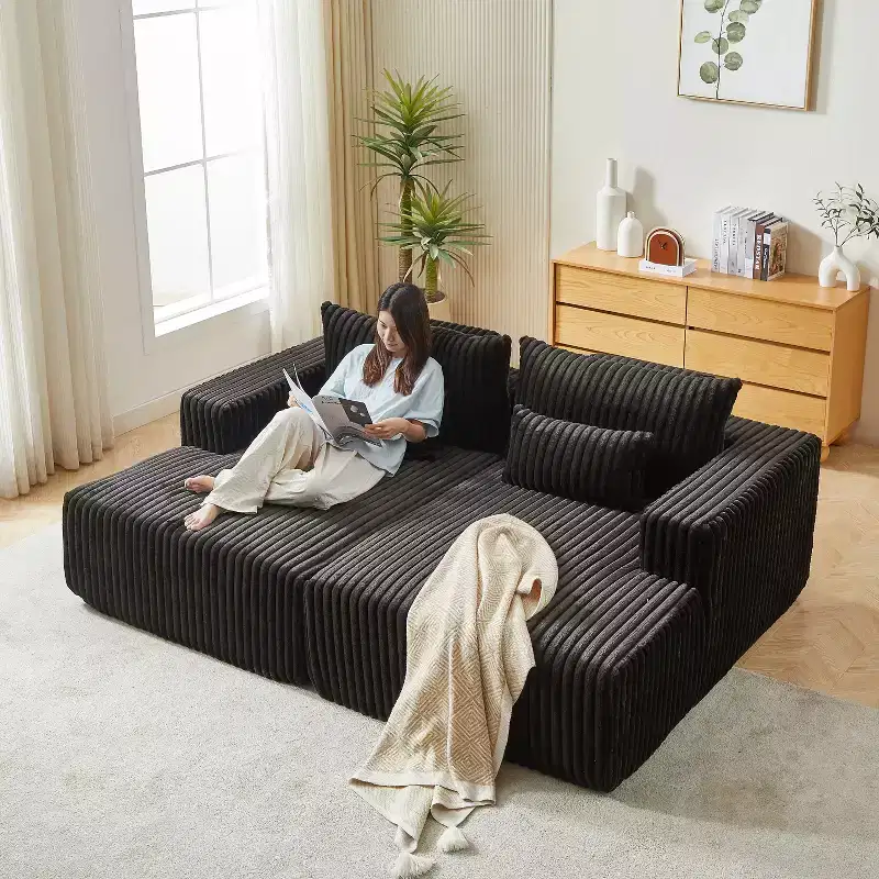 87 Cloud Plush Sectional Chaise with Reclining Sofa Bed - No Assembly, Modern Indoor Lounge