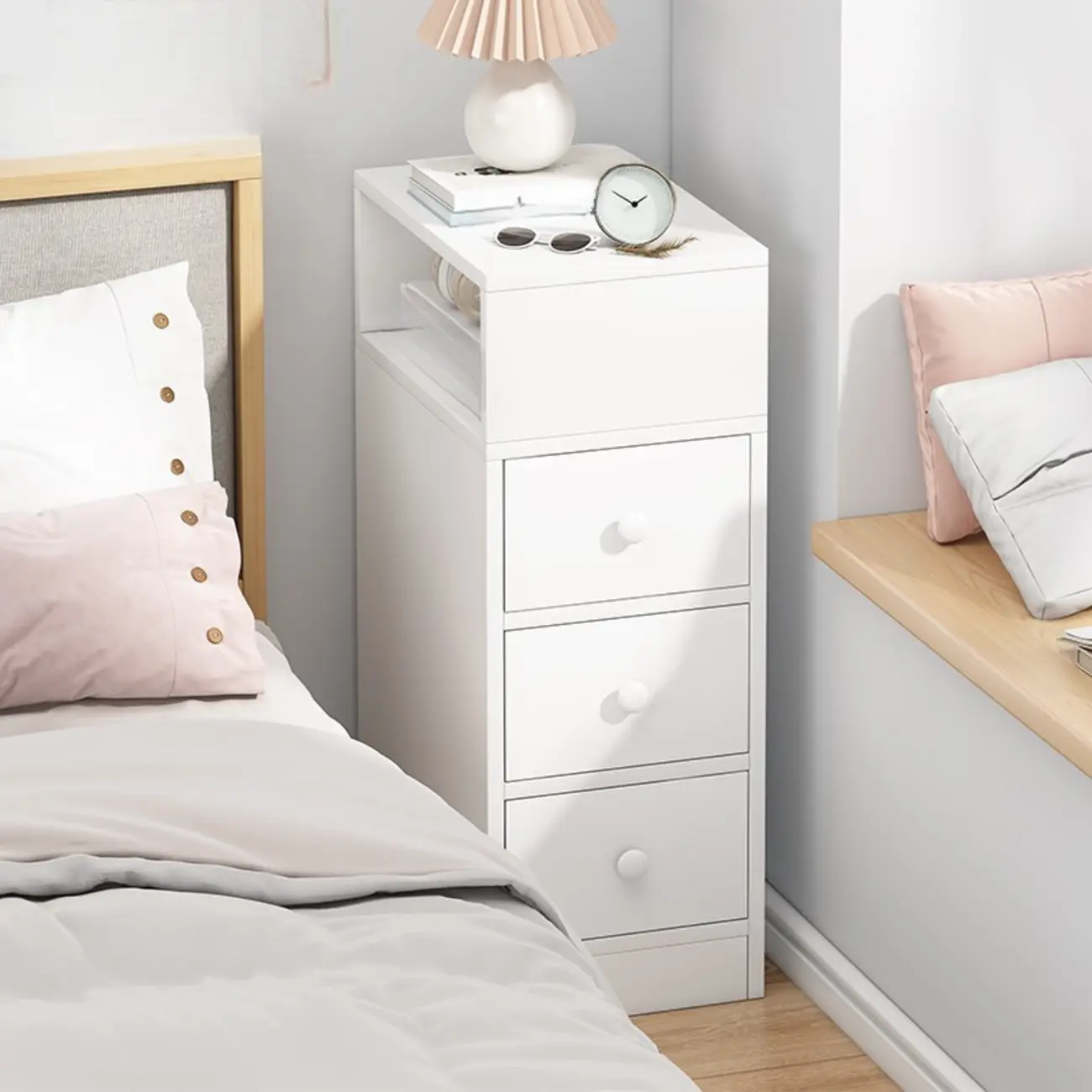 Wood Finish White Narrow Length Multi-Drawers Nightstand