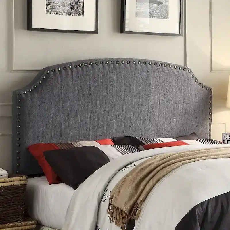 Emira Transitional Grey Adjustable Flax Upholstered Nailhead Headboard by Furniture of America