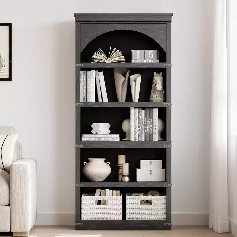 COZONY 69 Farmhouse Arched Bookshelf, 5-Tier Wooden Bookcase with Arch Design, 5 Shelfs for Living Room & Office