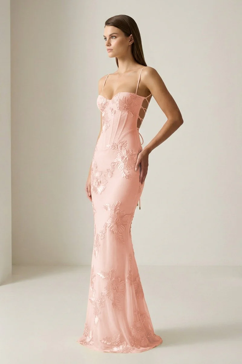 Yellow Spaghetti Straps Sheath Long Prom Dresses With Floral Embroidery