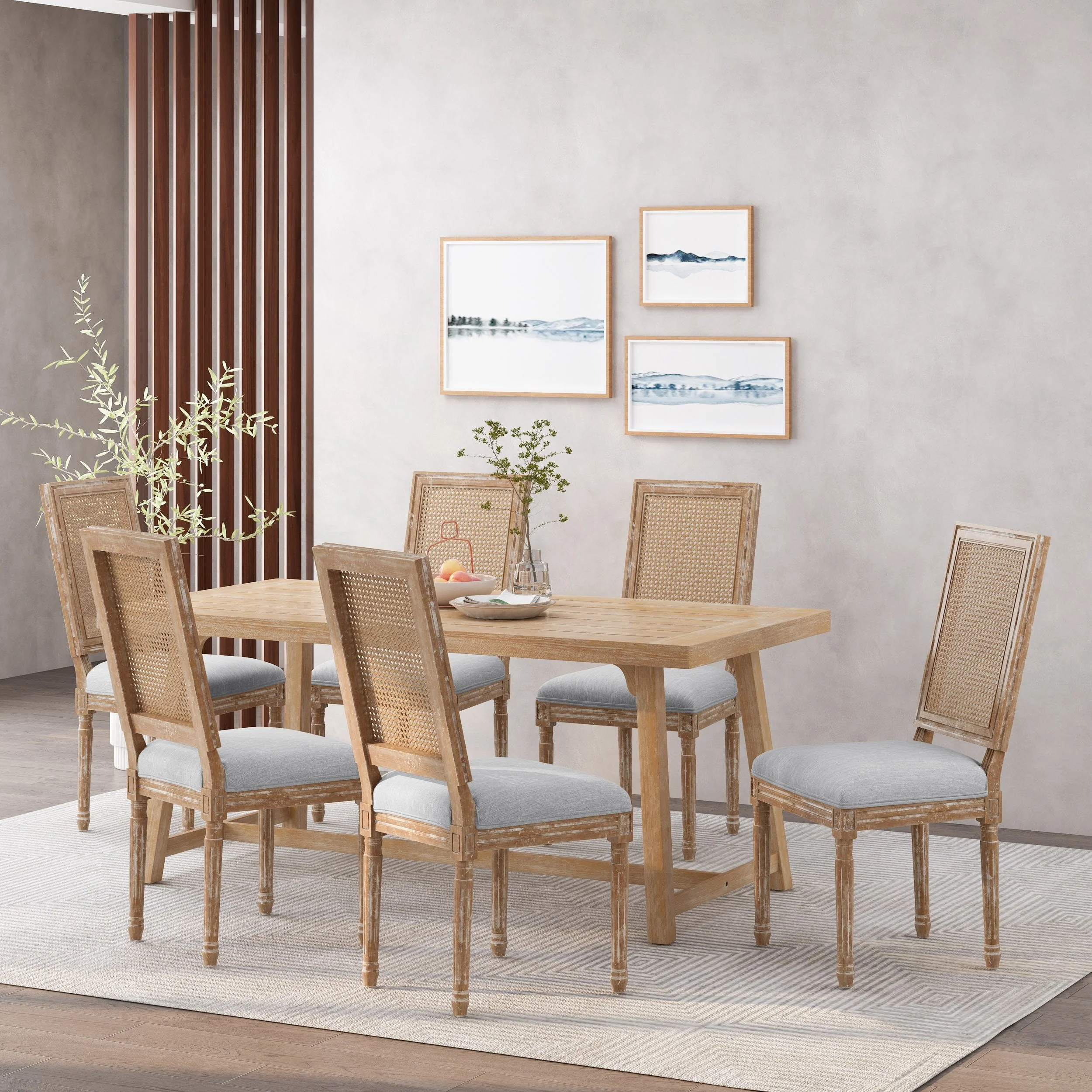 French Country Wood and Cane Upholstered Dining Chair (Set of 6) - NH794513